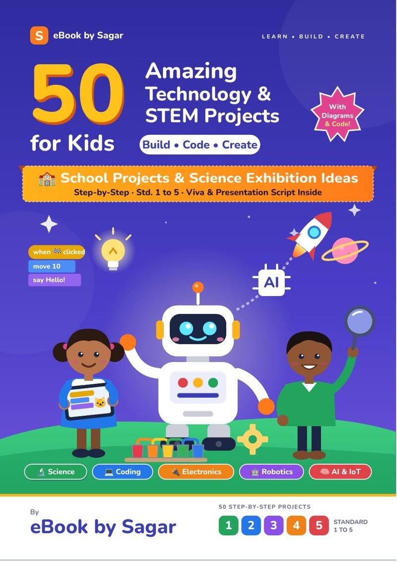 Cover of 50 Amazing Technology & STEM Projects for Kids by eBook by Sagar, with a friendly robot and two children building projects