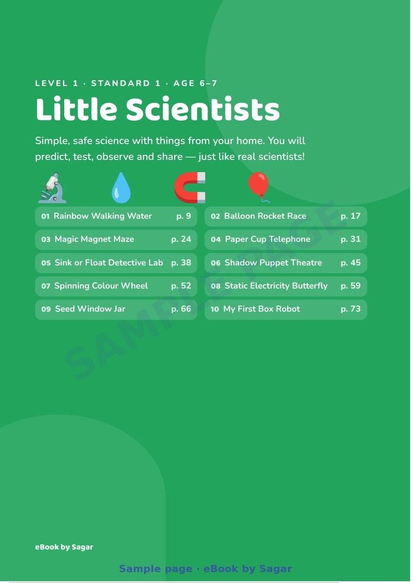 Green Level 1 opener page: Little Scientists, Standard 1, age 6 to 7, with its 10 science projects