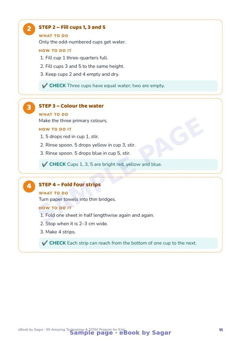 Numbered steps for Rainbow Walking Water, each with What to do, How to do it and a Check box