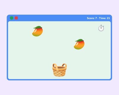Scratch game screen with falling mangoes, a basket, score and timer